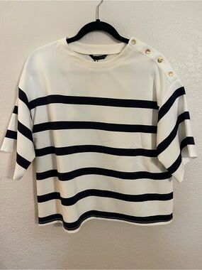 Zara Striped Nautical Button-Shoulder Boxy Top - Navy & White